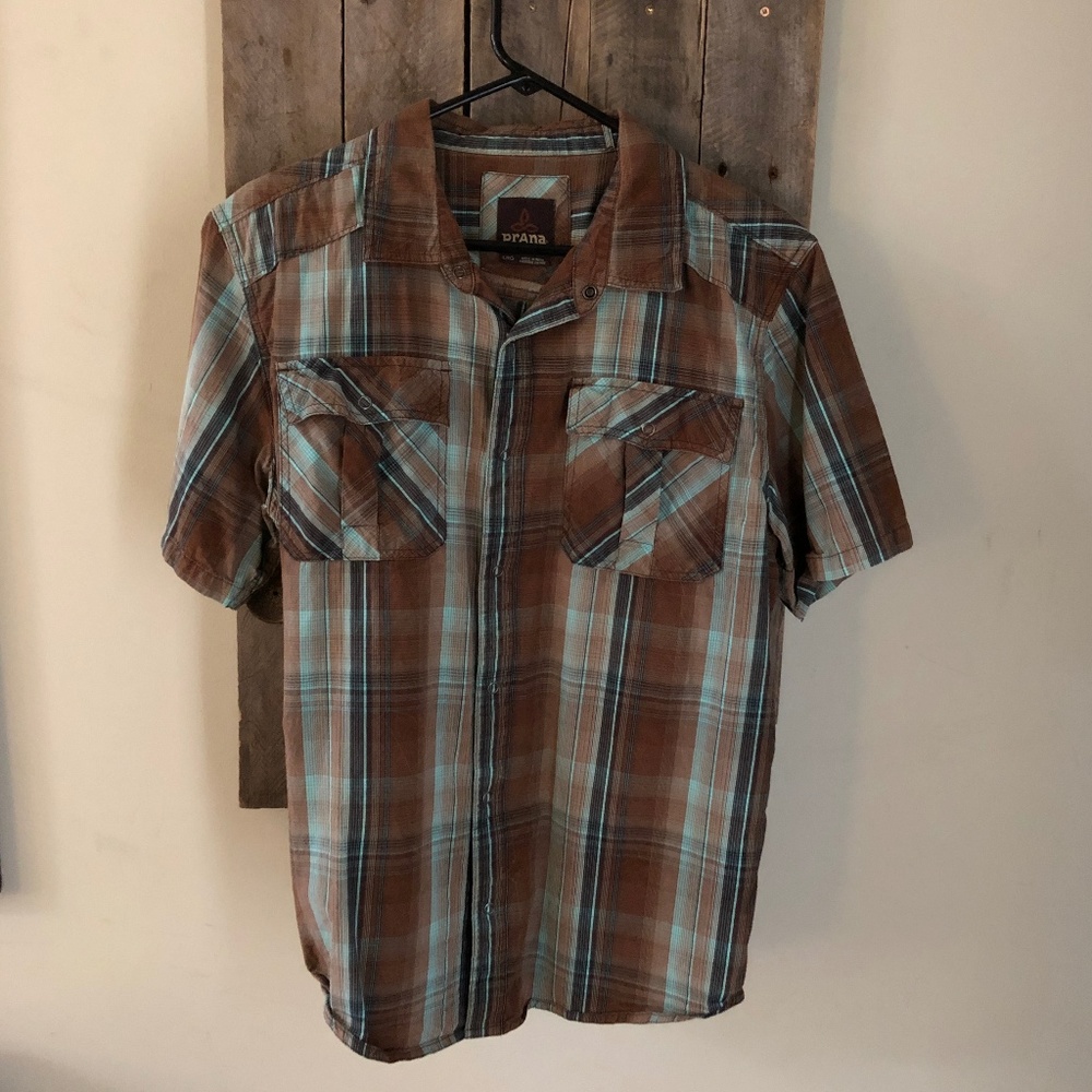 Prana Mens Short Sleeve Plaid Shirt, Large
